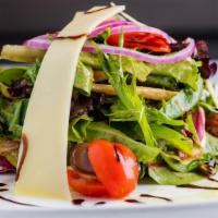 Mixed Green Salad · Mesclun leaves with Cherry Tomatoes, Roasted Peppers, Olives, Red Onion slices and shaves Pa...