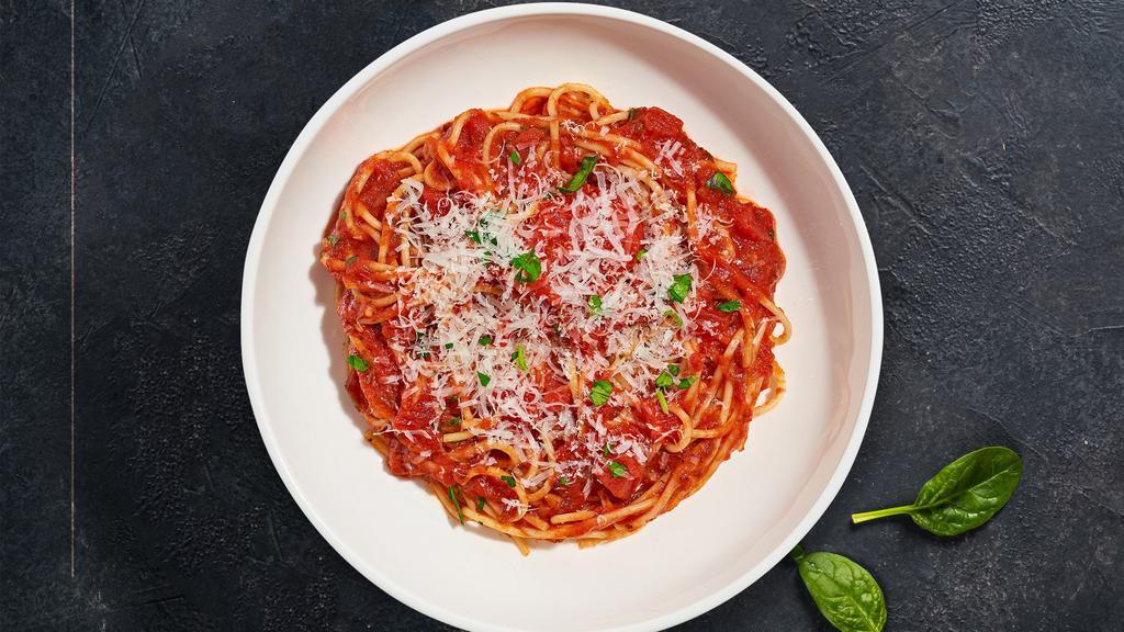 My Favorite Marinara Pasta (Spaghetti) · Fresh tomatoes, olive oil, and basil ground for marinara sauce cooked with spaghetti. Served with garlic bread.