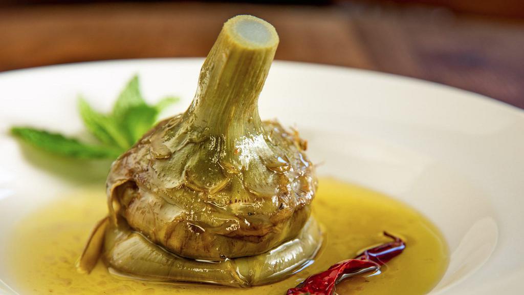 Carciofo  · Braised Artichoke in extra virgin olive oil, garlic and mint