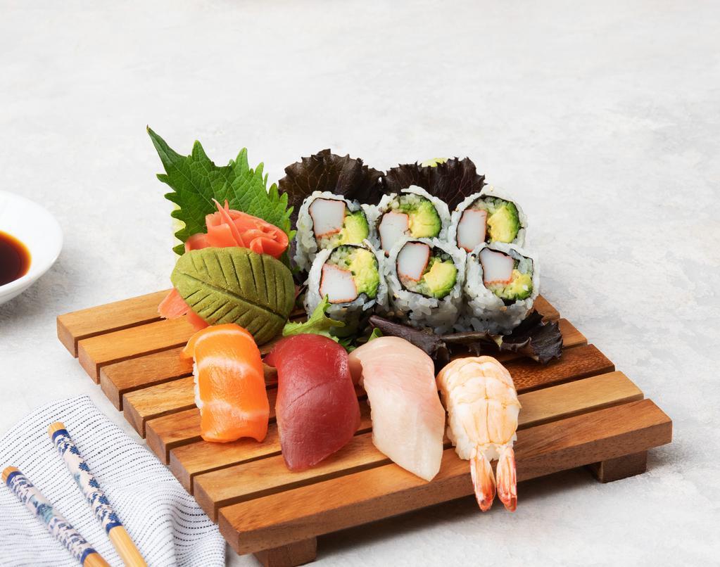 Sushi & California Roll · Four pieces nigiri salmon, tuna, white tuna, ebi and California roll.