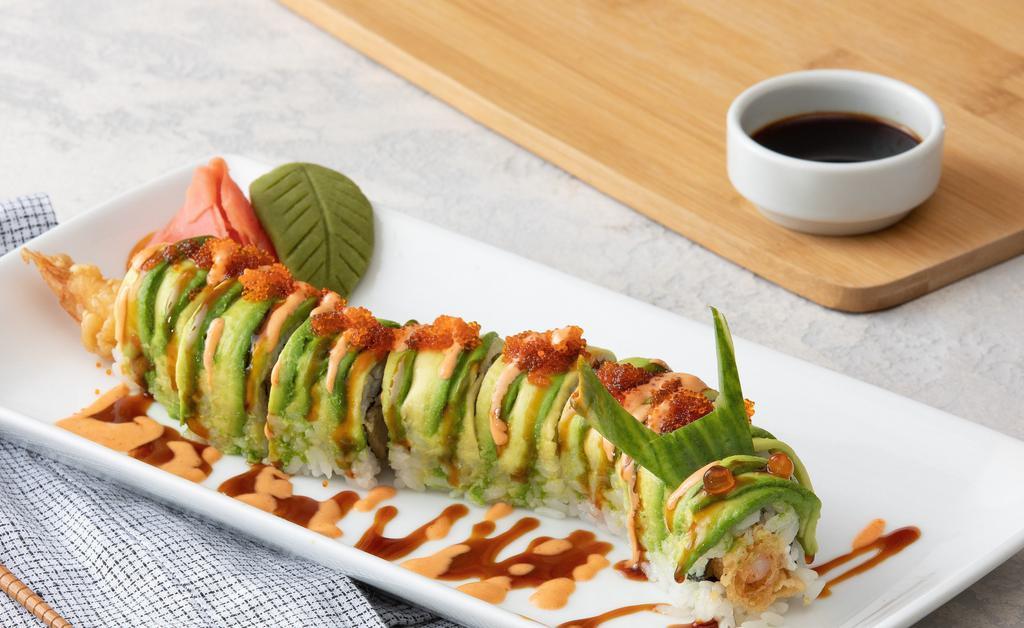 Green Dragon Roll · Eel, cucumber, topped with avocado, masago and eel sauce.