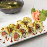 The Rocky Roll · Spicy tuna crunch, topped with avocado and masago arare.