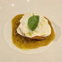 Burrata Salad · Baby Arugula, Prosciutto di Parma, Pistachio Pesto, Creamy Balsamic, Focaccia Crostini