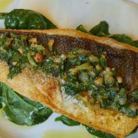 Branzino · Pan seared Mediterranean sea bass, fennel purée, baby spinach, sauce vierge.
