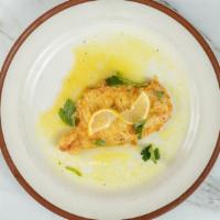 Chicken Francese · Chicken in a lemon and white wine sauce. Served with your choice of pasta or salad.