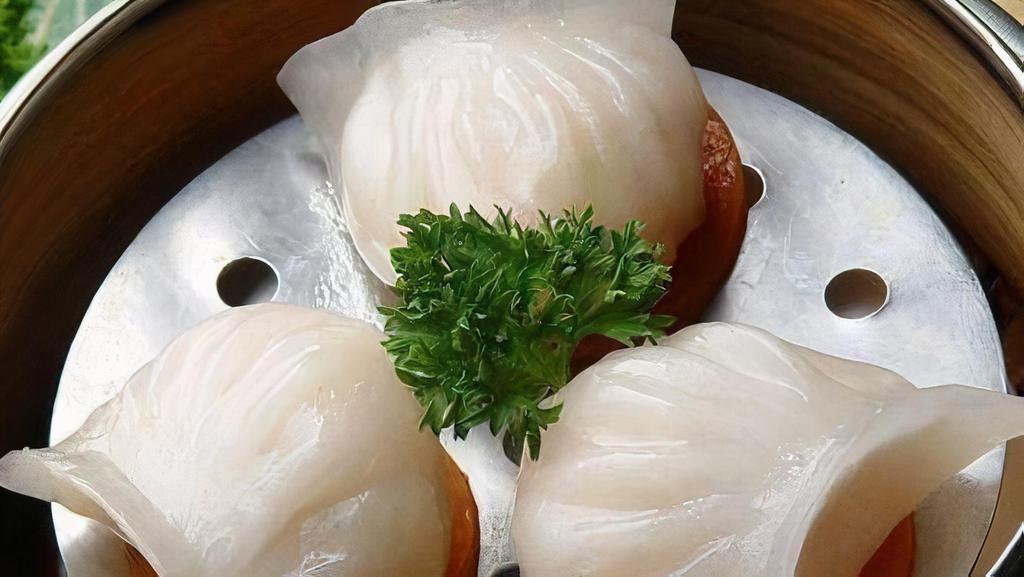 Crystal Shrimp Dumping / 蝦餃 (5 Pieces）  · Handmade dumplings filled with shrimp wrapped in a housemade crystal skin wrapper, come with sweet soy sauce.