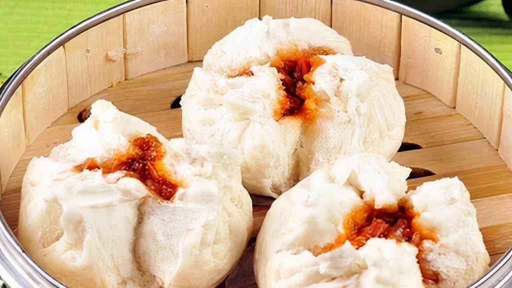 Steamed Pork Buns (3 Pieces) / 蜜汁叉燒包 · Steamed Chinese roasted pork wheat flour buns.