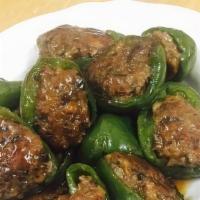 Fried Stuffed Peppers (2 Pieces) / 酿辣椒 · Fried bell peppers stuffed with minced shrimp paste, come with sweet soy sauce.