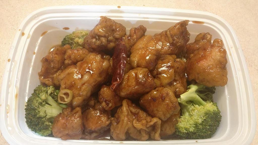 General Tso'S Chicken · Hot and spicy. Chunks of chicken fried in a spicy sauce and surrounded with broccoli.