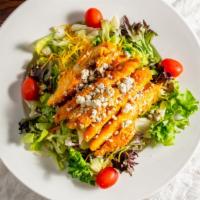 716 Buffalo Chicken Salad · Crispy Buffalo strips with mixed green salad with cheddar cheese, crumbly bely cheese & cher...