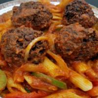 Falafel Penne Pasta · Made with tomato sauce, onion, green pepper and red pepper.