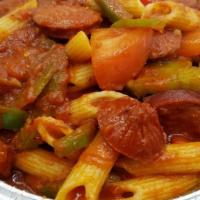 Marinara Beef Sausage Pasta · Tomato sauce, red/green pepper, onion with  beef sausage.
