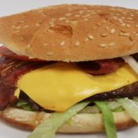 Bacon Cheeseburger · Comes with lettuce, tomato, onion, mayo and ketchup, American cheese and beef bacon.