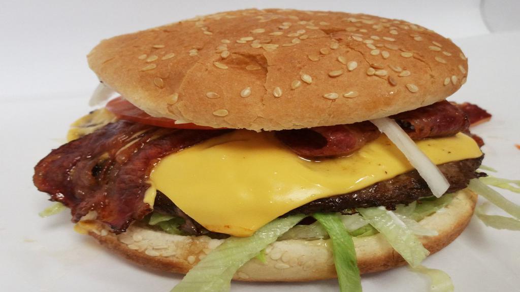 Bacon Cheeseburger · Comes with lettuce, tomato, onion, mayo and ketchup, American cheese and beef bacon.