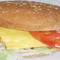 Cheese Grilled Chicken Sandwich · Come with American cheese, lettuce, tomato, onion, ketchup and mayo.