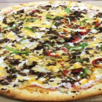 Philly Cheese Steak Pizza · Comes with philly cheesesteak, red pepper, green pepper and American cheese.