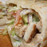 Chicken Gyro On Pita · comes with lattuce, tomato,onion and red and green pepper mix.
