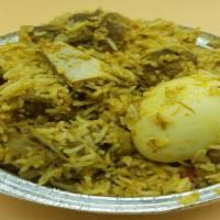 Goat Biryani · Goat with bone, healthy herbs and spices cooked with rice and an egg