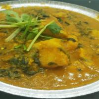 Saag Aloo (Spinach & Potato) · Spinach and potato. Base gravy. Onion sauce, Indian herbs and spices.