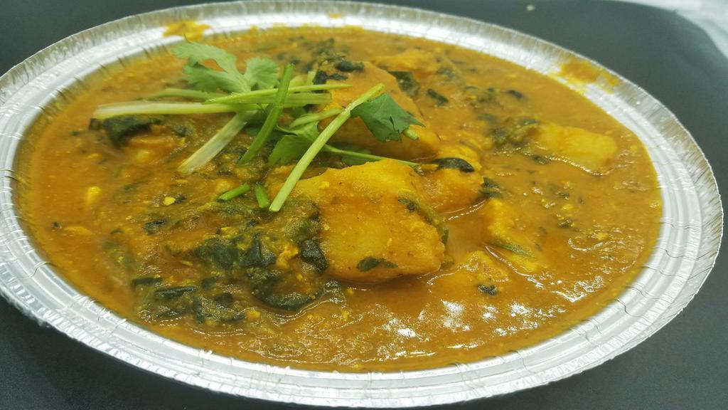 Saag Aloo (Spinach & Potato) · Spinach and potato. Base gravy. Onion sauce, Indian herbs and spices.