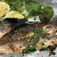 Mediterranean Sea Bass - Branzini · Exotic, tender and delicious branzini served whole char-grilled with mixed green salad.