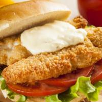 Whiting Fish Hoagie · Four fresh pieces of Whiting fish with lettuce, tomatoes, mayo, and cheese. Served artfully ...