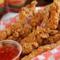 Plain Crispy Tender Basket · Chicken Tenders made perfectly crispy, served on a bed of customer's choice of fries.