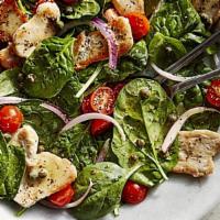 Spinach Salad · Mixed greens, spinach, roasted red peppers, bacon bits, feta cheese, onions and hard boiled ...