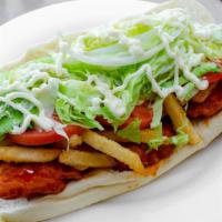 Fat Yoda · Our famous buffalo chicken tenders and French fries topped with lettuce, tomato, and mayonna...