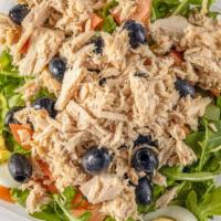 Mom'S Healthy Tuna Salad · Arugula salad topped with tuna (no mayo), tomatoes, onions, black olives, hard boiled egg, E...