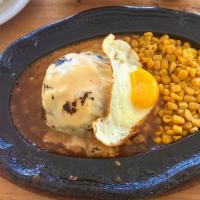 Demi Tama Hamburger Steak · 9oz original beef patty hamburger steak with melted cheese and sunny side egg on top and dem...