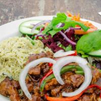 Savory Vegan Citrus Pepper Steak · Savory Vegan peppered steak served with basmati spinach rice pilaf cooked with coconut cream...