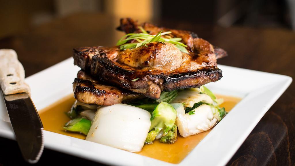 Grilled Aged Pork Chop · Spicy. Marinated with pepper and garlic with stir-fried mix vegetables. Serve with Rice.