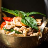 Drunk Man Noodles · Spicy. Broad noodles, chicken, shrimp, squid, stir-fried onion, bell pepper with spicy basil...