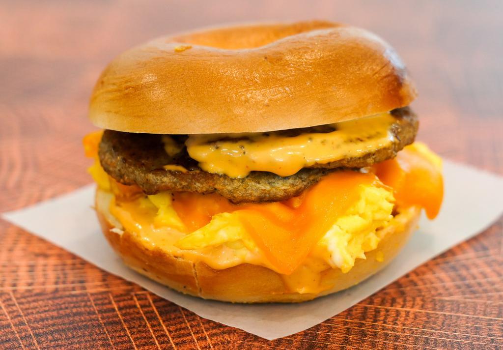 Sausage, Egg N Cheese Bagel · Choice of bagel, 2 fresh cracked cage-free scrambled eggs, sausage and melted Cheddar cheese.