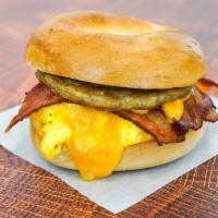 Big Breakfast Bagel · Choice of Bagel, 2 fresh cracked cage-free scrambled eggs, melted Cheddar cheese, bacon, bre...