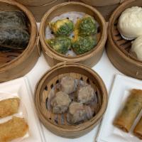 Dim Sum Combo A · Qty by order: HAR gow (2), sui Mai (2), sticky rice (1), cabbage pork bun (1), special chick...
