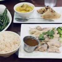 Family Order For Two People / 合适两个人的套餐 · Roti canai, small Hainan chicken, sautéed string bean, and 2 chicken rice. / 印度面包, 海南鸡小份, 炒四...