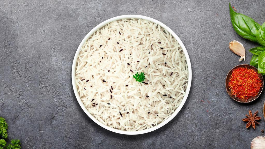 Just Jeera Rice · Freshly cooked basmati rice flavored with cumin and turmeric.