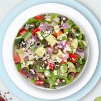 Greek Geek Salad · Romaine lettuce, cucumbers, tomatoes, red onions, olives, and tossed with balsamic vinaigret...
