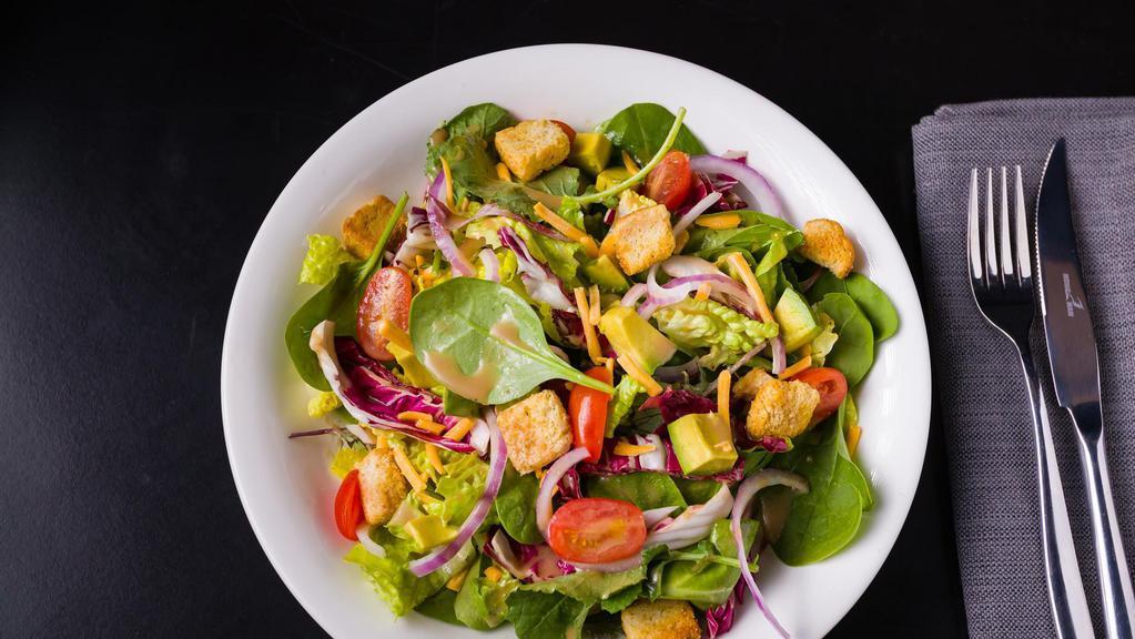 House Salad · croutons, baby tomatoes, red onion, romaine, young greens. aged cheddar.
avocado, radicchio. red wine vinaigrette