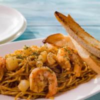 Cajun Seafood Pasta · shrimp, scallop & calamari. cajun garlic cream sauce. garlic bread
