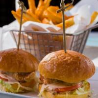 Catfish Sliders (2 Sliders)  · dijon, dill pickles, romaine, tomato, remoulade