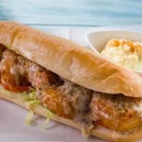 Shrimp Po’ Boy · dijon, dill pickles, romaine, tomato, remoulade