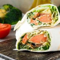Salmon Wrap · Fresh salmon, lettuce, tomatoes, onions, and chipotle mayo.