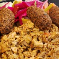 Chicken & Falafel Comp · Chicken Platter topped with 4 Falafel