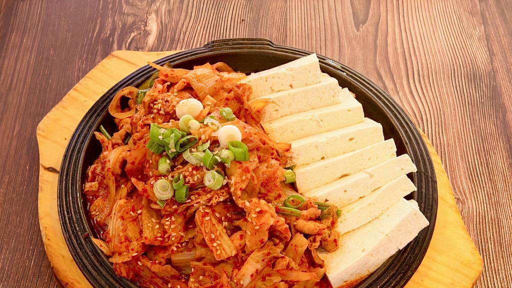 두부김치 / Tofu Kimchi · Stir fried marinated thin sliced pork belly, kimchi with tofu. Comes with two 16oz rice.