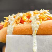 Perro Con Todo · (Best New York city hot dog winner 2014) kosher beef frank, cheddar cheese, onions, cabbage,...