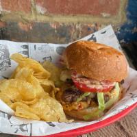 Double Trouble Burger · Pimento Cheese, Caramelized Onion, Zapp's Potato Chips. (Two patties smashed to cook to a ju...