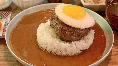 Locomoco Set · Japanese hamburg steak comes with house-made demi-glace sauce, white rice, sunny side up egg, salad, and miso soup.